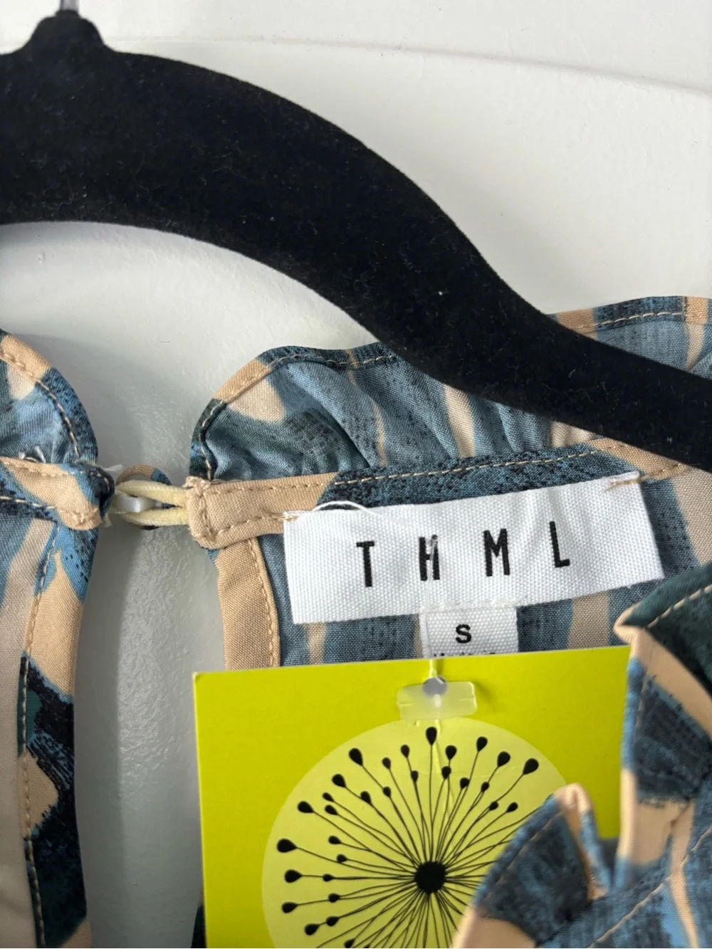 THML Beige Top with Navy Graphic Print and Pink Floral Sleeve Embroidery - Picture 3 of 5